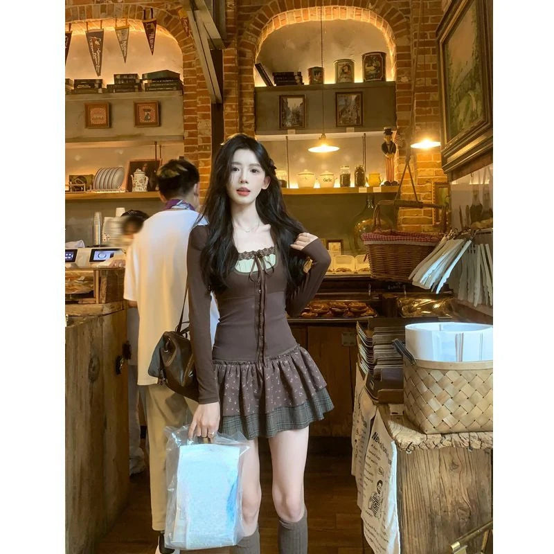 Hnewly 2025 spring fashion trend New Korean Lace Up Patchwork Sexy Slim Long Sleeved T-shirt Women + Floral Printed Casual Cake Skirt Two-piece Suit Chic