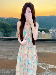 Hnewly  New Pink V-Neck Floral Print Halter Dress Women's Summer Vacation Style Long Dress Tea Break Sweet High Waist A-Line Skirt