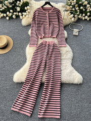 Hnewly  Elegant Knitted Set for Women's High End Versatile Round Neck Striped Knitted Cardigan+High Waist Casual Wide Leg Pants 2PCS