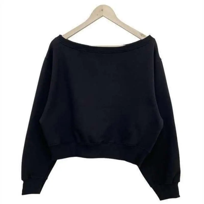 Hnewly  Spring and autumn pure color hoodie female temperament a line neck shoulder loose casual short long sleeve hoodie