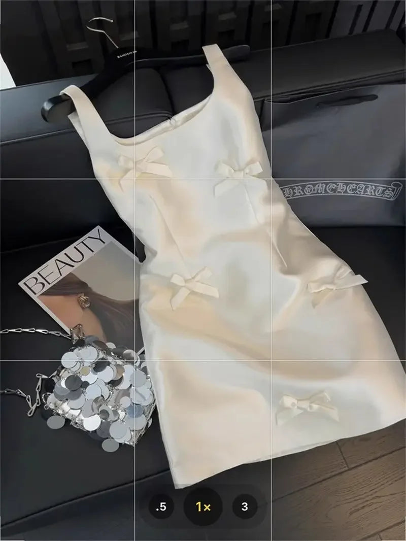 Hnewly  Women Elegant Mini Dress Satin Bow Decor Sleeveless Square Neck Slim Fit Suit French Style Party Club Night Summer Outfit