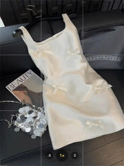 Hnewly  Women Elegant Mini Dress Satin Bow Decor Sleeveless Square Neck Slim Fit Suit French Style Party Club Night Summer Outfit