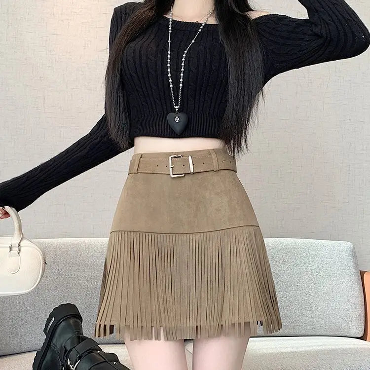 Hnewly  Suede Vintage Tassel A-line Skirt Autumn and Winter High-waisted Slimming Hot Girl Maillard Skirt Women Fashion Personality