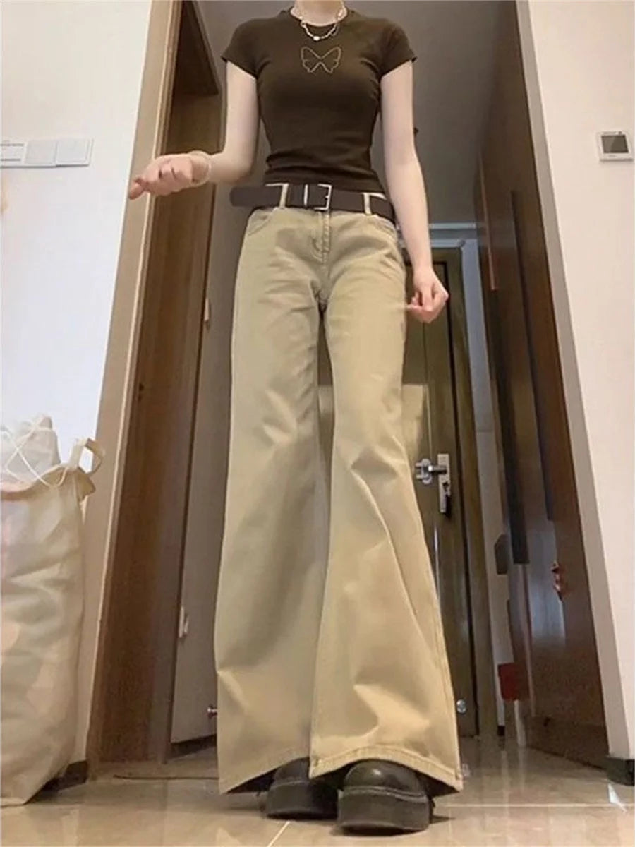 Hnewly  Women's Khaki Bootcut Jeans - Low Rise Flared Trousers 90s Vintage Wide Leg Denim Pants Casual Streetwear Y2K Fashion