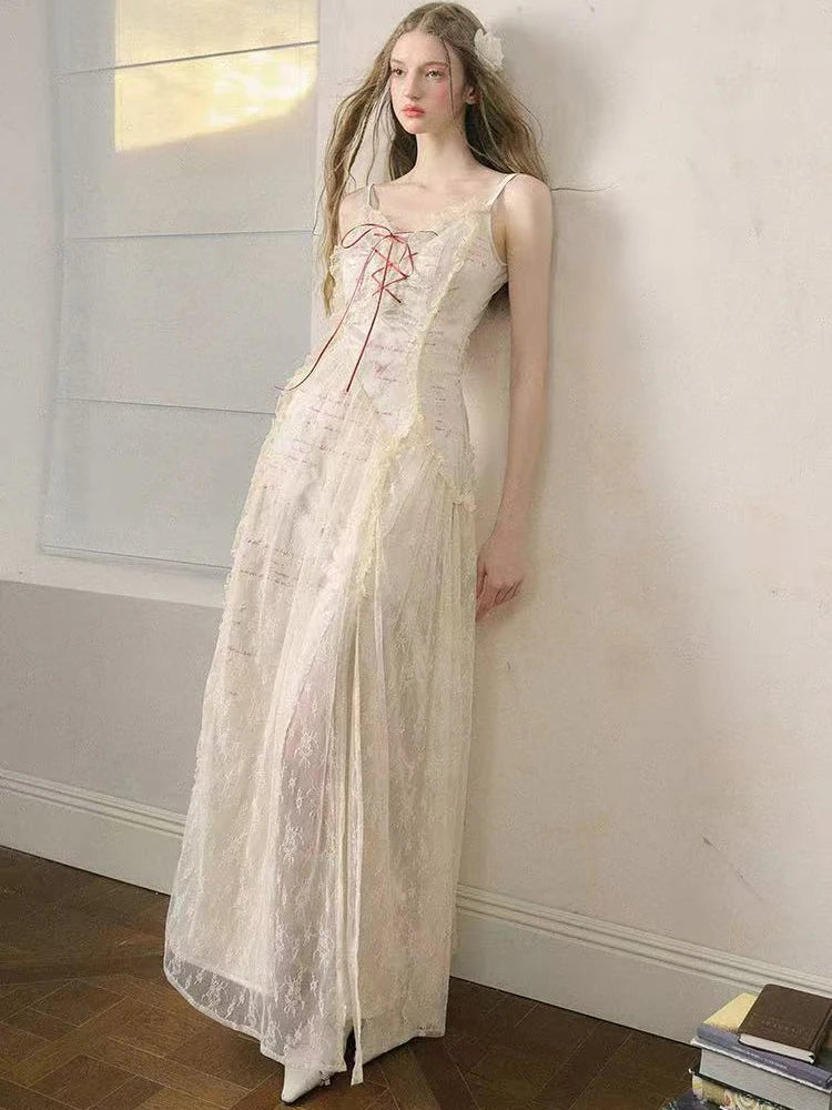 Hnewly Elegant Lace Patchwork Camis Dress Women Summer Sexy Backless Hollow Out Midi Dress Y2K Fashion Lace Up Streetwear Vestidos
