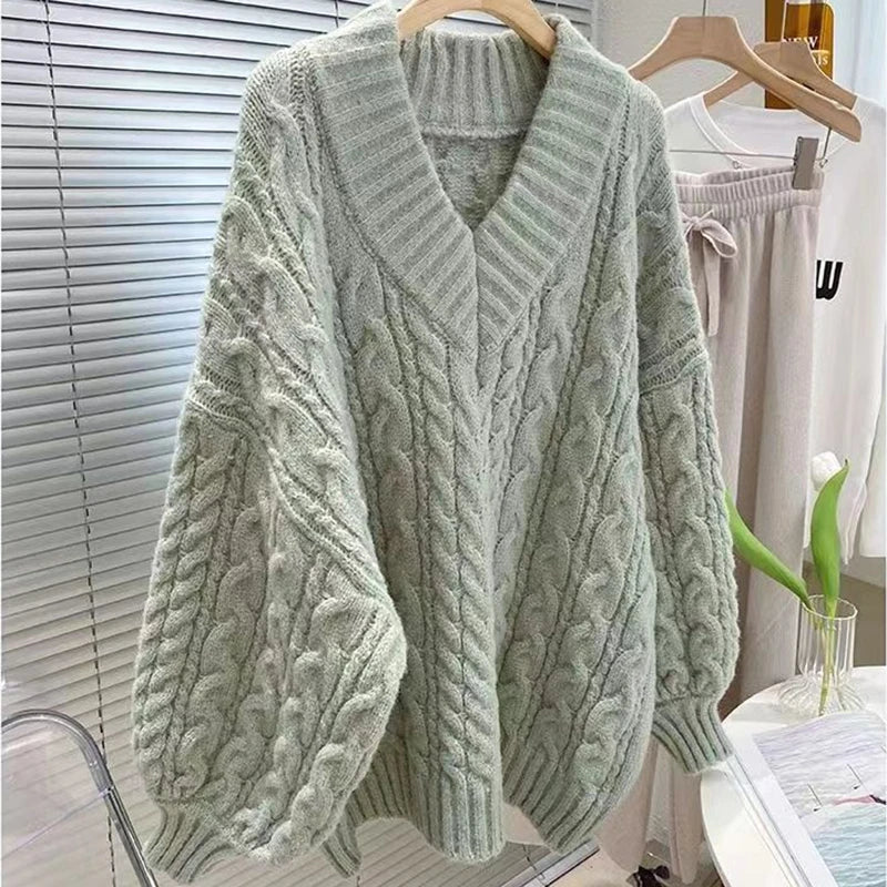 Hnewly  Autumn Winter Harajuku Women Sweater Cute Oversized Knitted Pullover Korean Long Sleeve V Neck Sweater Preppy Solid Loose Jumper