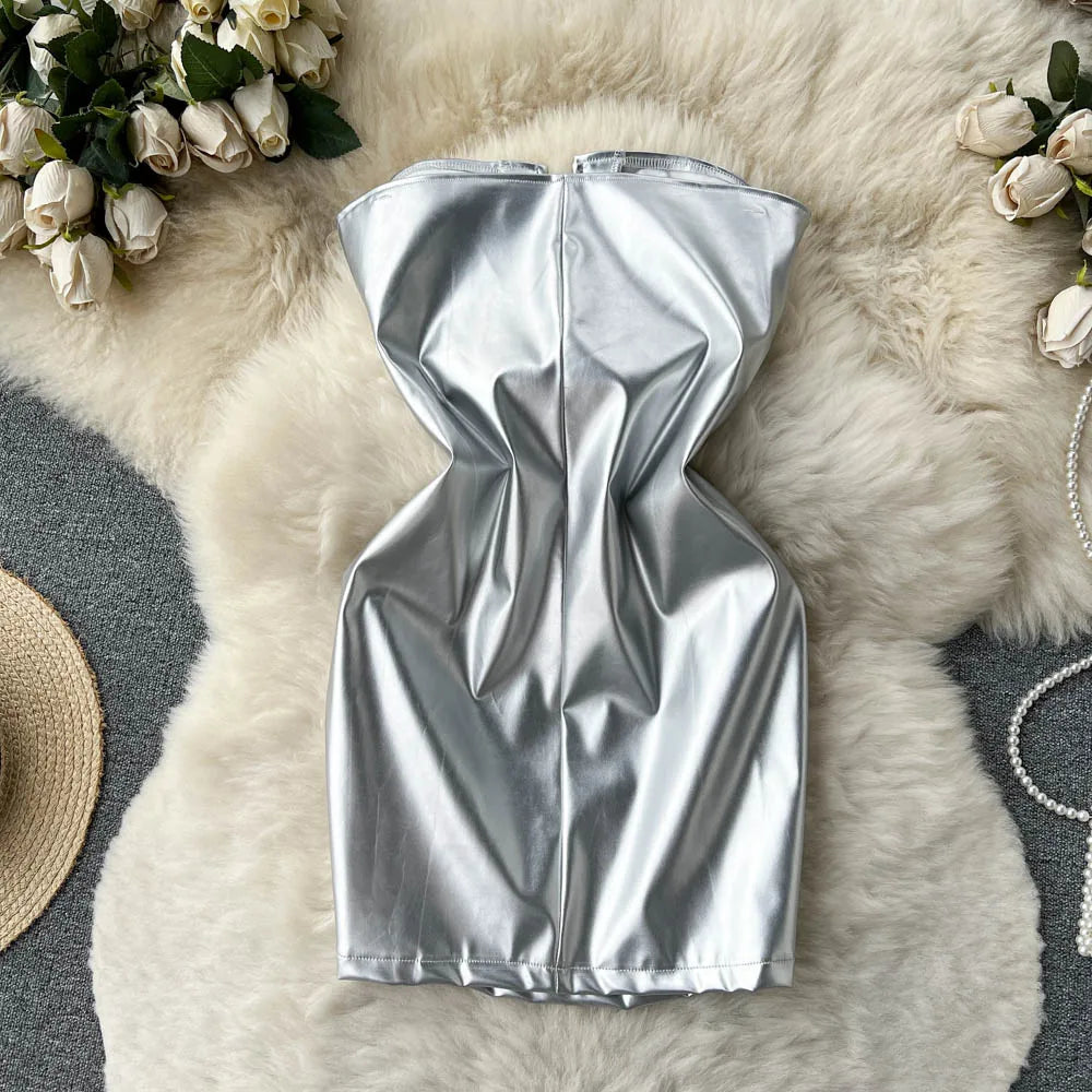 Hnewly Strapless Sexy Short Dress Summer Sleeveless Bodycon Hollow Out Fashion Y2K Women Evening PU Leather Slim Dress
