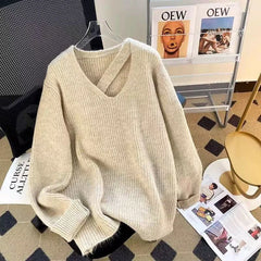 Hnewly Autumn V Neck Hollow Out Knit Sweater Women Winter Warm Casual Solid Jumpers Korean Loose Simple Female Pullovers Sweater New