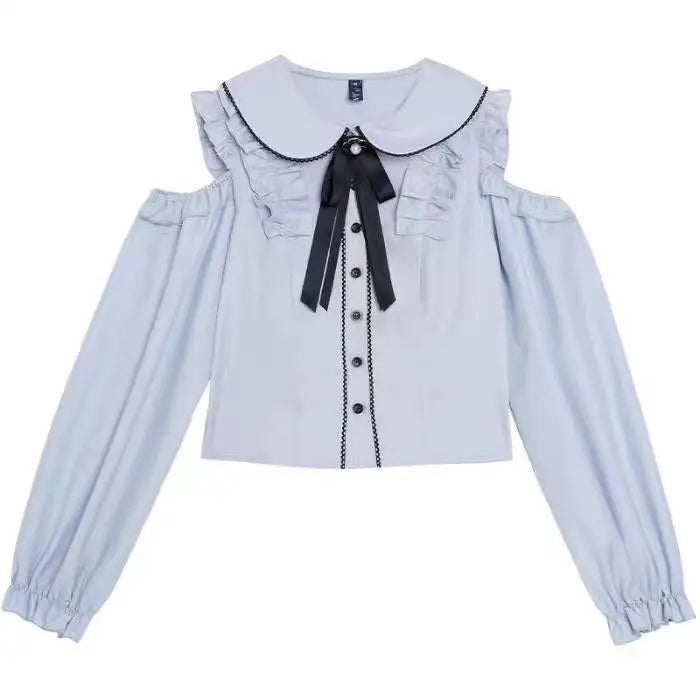 Hnewly  New Japanese Sweet Long Sleeve Shoulder Bared Doll Collar Women's Shirt Autumn Top Casual Slim Fit Mini Skirt Two Piece Set