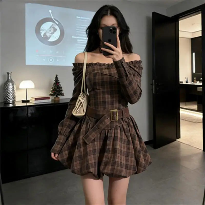 Hnewly  Retro Long Sleeve Wrap Neck Dress Women's Sweet Cool Spicy Two-Way Wear Slimming Flower Bud Skirt Mid-Length A-Line Dress