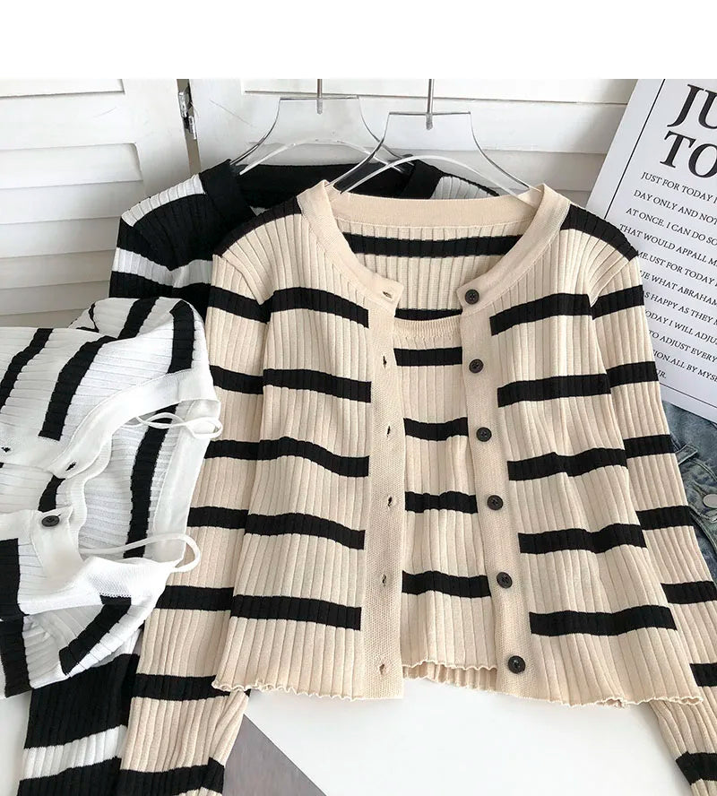 Hnewly  Women's Striped Knitting Cardigan Single Breasted Long Sleeved Sweater+Spaghetti Straps Vest Spring Autumn Korean Top 2pcs