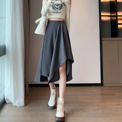 Hnewly  New High Waist Irregular Midi Skirt Women Fashion Design Pleated Skirts Woman Elegant Solid Color Office Long Skirts Ladies