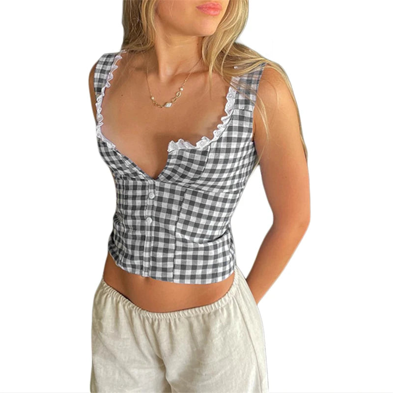 Hnewly Plaid Crop Top y2k Aesthetic Women Lace Trim Square Collar Button Down Sleeveless Tanks 2000s Clothing Streetwear
