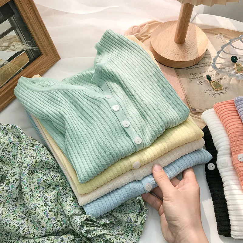 Hnewly  Knitted Short Sleeved T-shirt Sweater Women Spring  Summer 2025 Thin Loose V-neck Single Breasted Top Solid Short Cardigan Coat