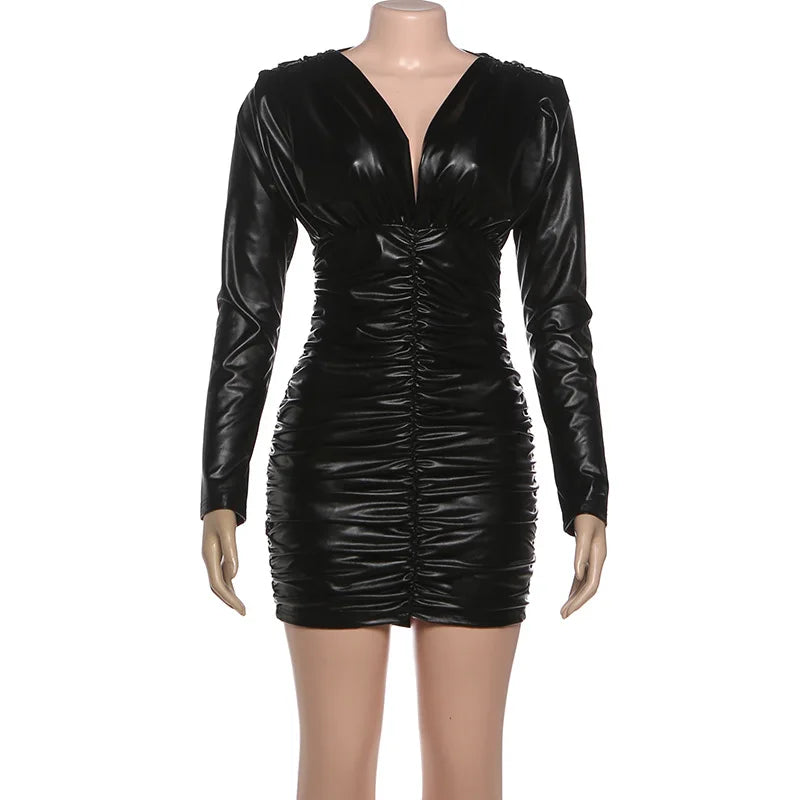 Hnewly  Sexy Pleated Leather Dress Women's Long-Sleeved Solid V-Neck Slim Sexy Spicy Girl Style Patchwork Dress Autumn Winter New