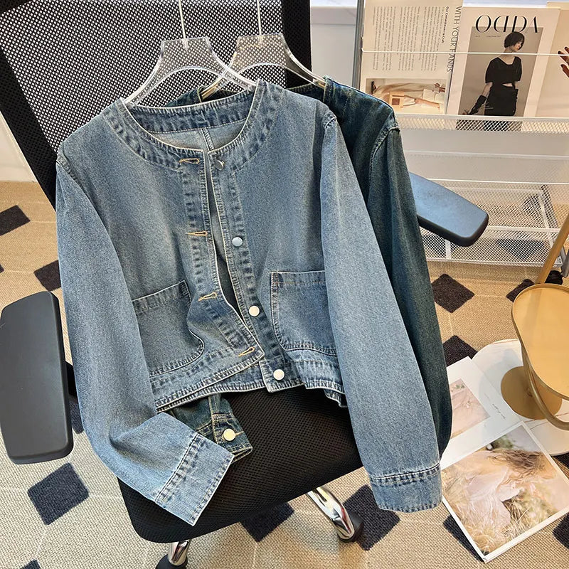 Hnewly  Light Blue Retro Denim Jacket Women's Spring Single Breasted Loose Cardigan Short Top Autumn O-Neck Long Sleeve All-Matched Top