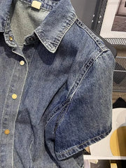 Hnewly  Retro Denim Jacket Women's 2025 Summer New Loose Versatile Short Sleeved Top Large Size Single Breasted Turndown Collar Shirt