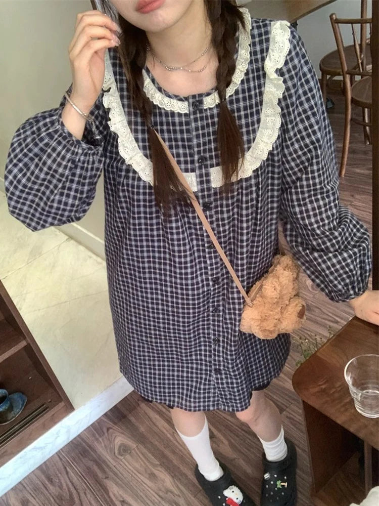 Hnewly Vintage Cute Plaid Dress Women Loose Lace Patchwork Long Sleeve Mini Dress Japan Retro Female Casual Kawaii Vestidos New