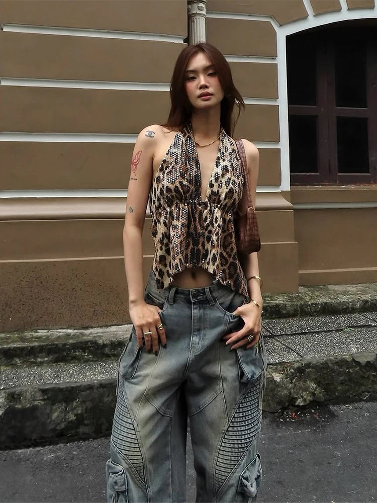 Hnewly  Leopard Sequins Women Vest Y2K Backless Halter V-Neck Lace-Up Sleeveless Street Skinny Wild Summer Trend Tank Tops