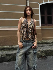 Hnewly  Leopard Sequins Women Vest Y2K Backless Halter V-Neck Lace-Up Sleeveless Street Skinny Wild Summer Trend Tank Tops