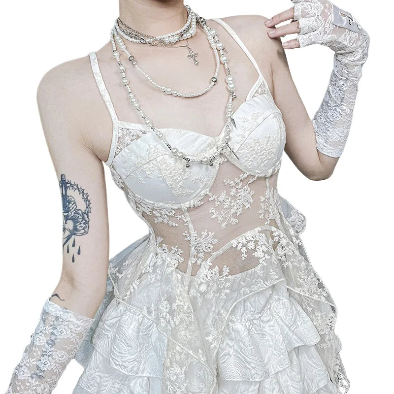 Hnewly  Gothic Lace Sleeveless Top New Sexy Irregular Strap Vest for Women