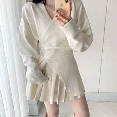 Hnewly 2025 spring fashion trend Autumn New Grey Casual Knitted Suits Sexy 2 Piece Skirt Set Woman Elegant Y2k Crop Tops + High Waist Slim Mini Skirt Korean