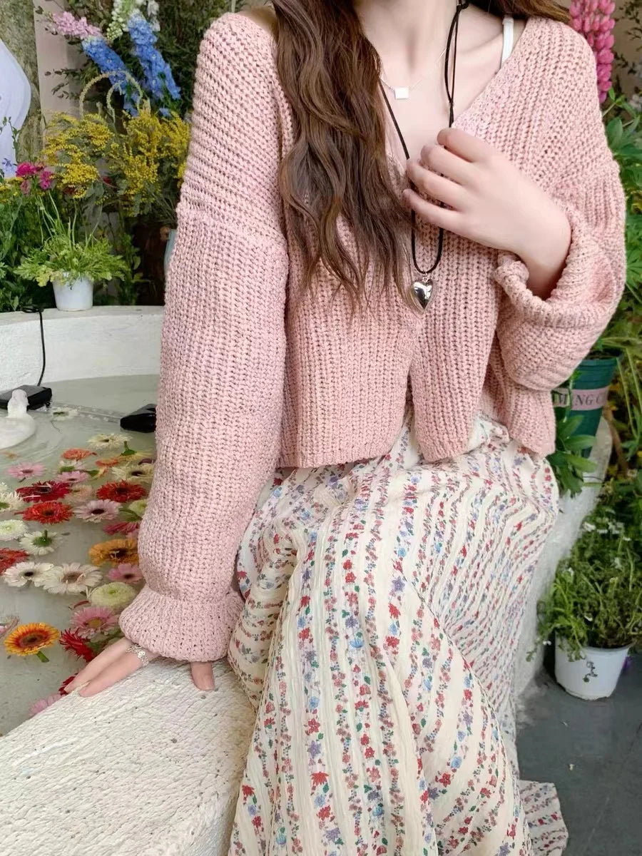 Hnewly  Pink Knitted Cardigan for Women Long Sleeve V-neck with Invisible Button Front Sweater Jacket Teen-girl Fall Winter Cute Outfit