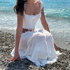 Hnewly Elegant Off Shoulder Square-neck Sleeveless Crop Tops And Loose Long Skirts 2025 Spring Summer Women Beach Party Suits