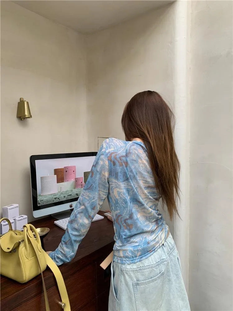 Hnewly  Vintage Tie Dye Printed O-neck Slim Fit Tee Shirt Y2k Thin Mesh Long Sleeved T-shirts Summer New Chic Top for Women