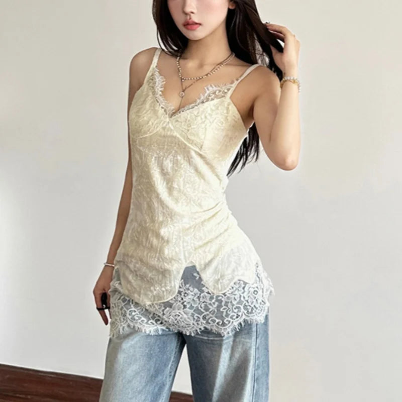 Hnewly y2k Tops Women Coquette Clothing Solid Color V Neck Lace Patchwork Spaghetti Strap Sleeveless Camisole Vest Streetwear