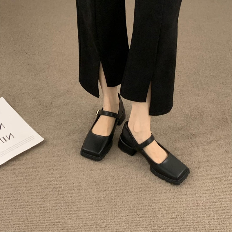 Hnewly Loafers Women Platform Shoes Mary Janes Casual Leather Ankle Buckle Ladies Shoes Black Fashion Spring Autumn College Style
