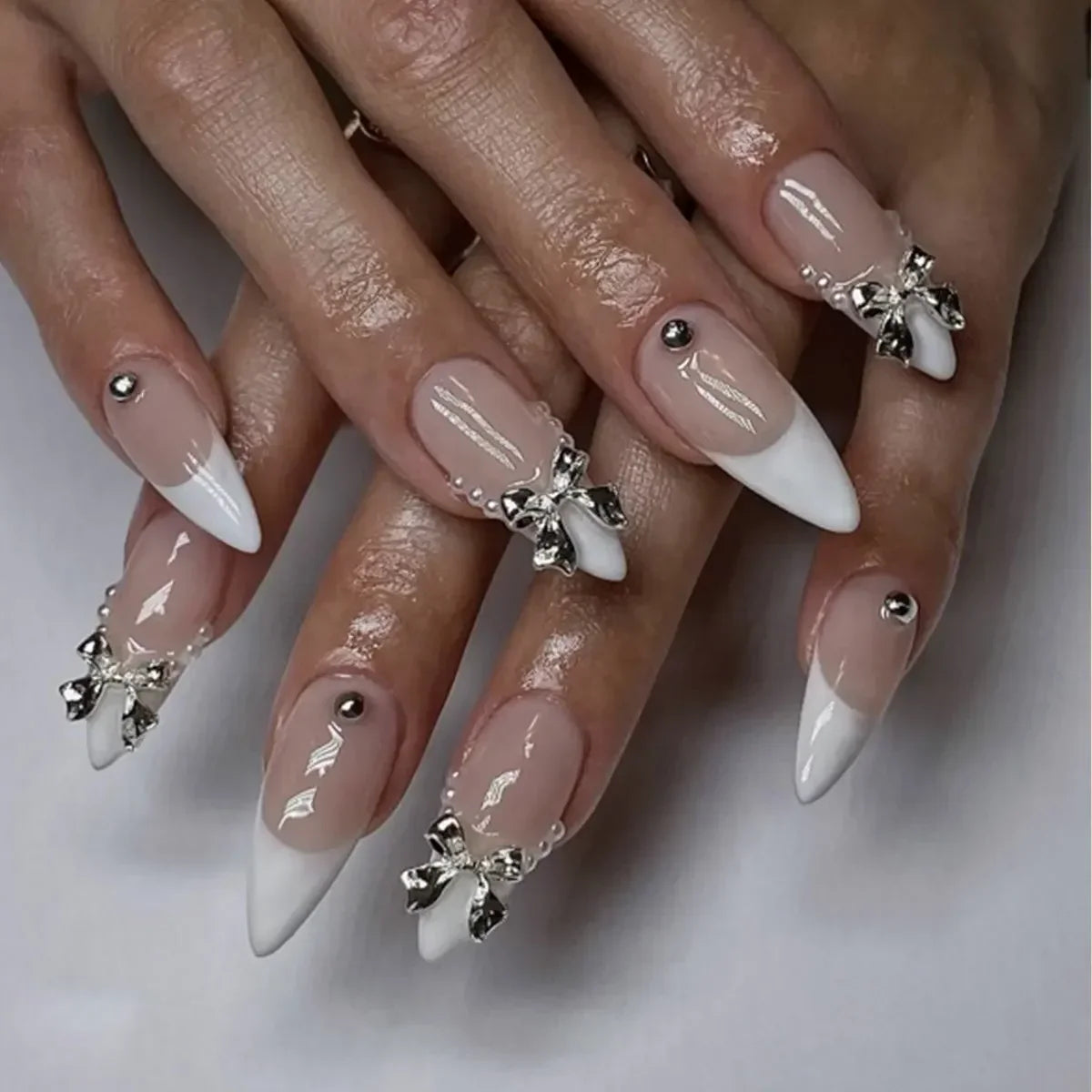 Hnewly 24Pcs Cat Eye Press on Nails with Almond Head Bow Diamond Stick on False Nail Sweet Pink French Full Cover Artificial Nails Tips