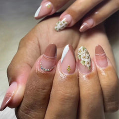 Hnewly 24Pcs Pink Almond False Nails Butterfly Pearl with Rhinestones French Design Wearable Fake Nails Simple Press on Nails Tips Art