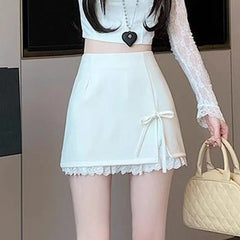 Hnewly  Sweet Style Bow Tie Short A-Line Skirt Women Lace Spliced Split Suit Skirt Female Stylish Office Lady Commute Hip Skirts Mujer