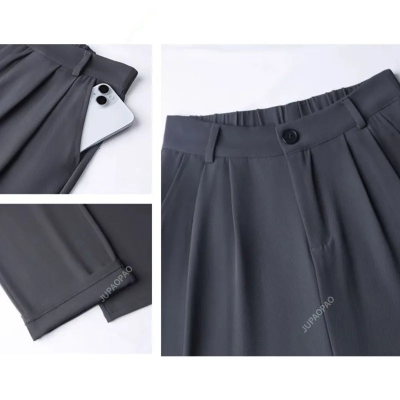 Hnewly New Women’s Wide Leg Pants Women Korean Style High Waist Black Trouser Office Ladies Fashion Loose Grey Suit Trousers Streetwear