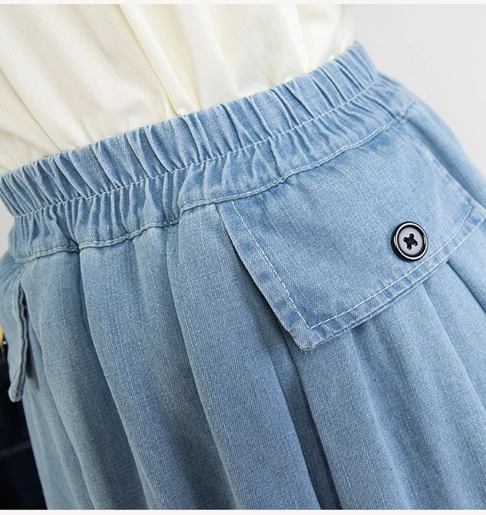 Hnewly M-5XL Oversize Denim Skirt Women's New Elastic High Waisted A-line Loose Fit Retro Knee-length Skirt with Built-in Safety Shorts