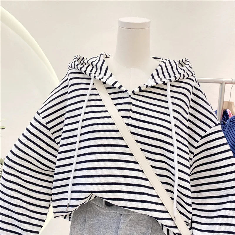 Hnewly  New Striped Hoodie Sweatshirt Women's Spring Autumn 2025 Fashion Preppy Style Retro Long Sleeve Top Loose Pullover Jacket