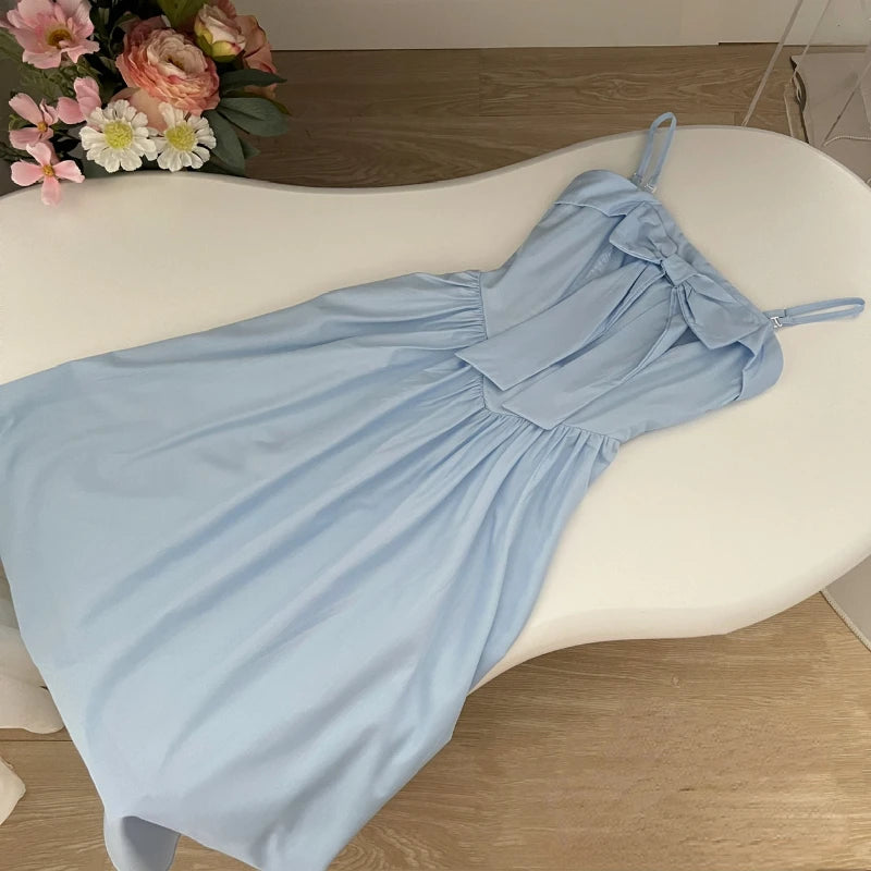 Hnewly Japanese Midi Dress Women Casual Sweet Elegant Strap Blue Bow Strapless Dress Beach Style One Piece Dress Korean Summer