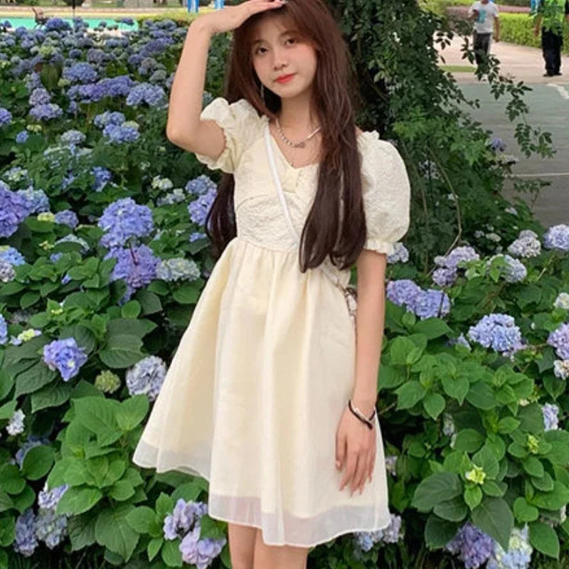 Hnewly Mesh Dresses Women Patchwork Princess Fairycore Aesthetic Korean Style Temperament Kawaii Summer Empire New Casual A-line Chic