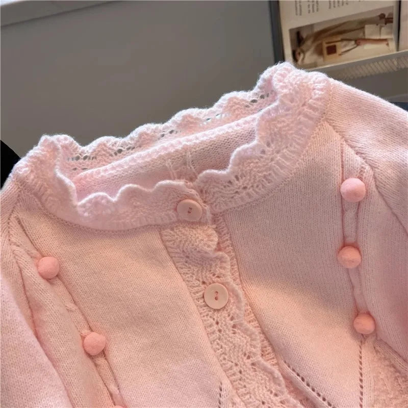 Hnewly  Korean Sweater Cardigan Women's Spring Autumn 2025 Versatile Soft Knitted Jacket Elegant Lace Single Breasted Long Sleeved Top