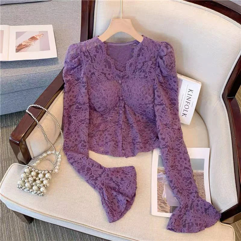 Hnewly Slim Lace Women Blouse Y2K Korean Chic V Neck Bell Sleeve Crop Tops Autumn Elegant Office Lady All Match Tight Shirts New