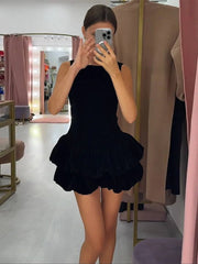 Hnewly  Velvet Women's Party Dress O-neck Sleeveless Slim Waist A-line Double-layered bud Female Dresses Autumn Christmas Sexy Robe