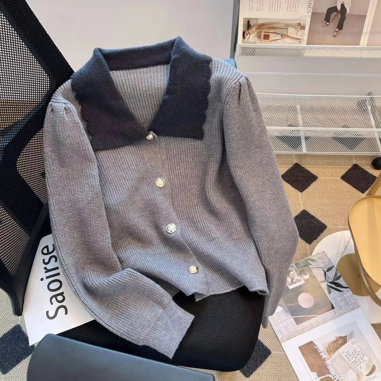 Hnewly  Women's Spring Autumn Sweater New Elegant Grey Lapel Long Sleeve Single Breasted Slim Fashion All-Match Short Coat