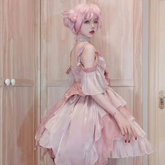 Hnewly  Flower Wedding Lolita Dress Elegant Pearl Strap Fairy Dress Cosplay Clothes Ruffles Pink Princess Jsk Dresses