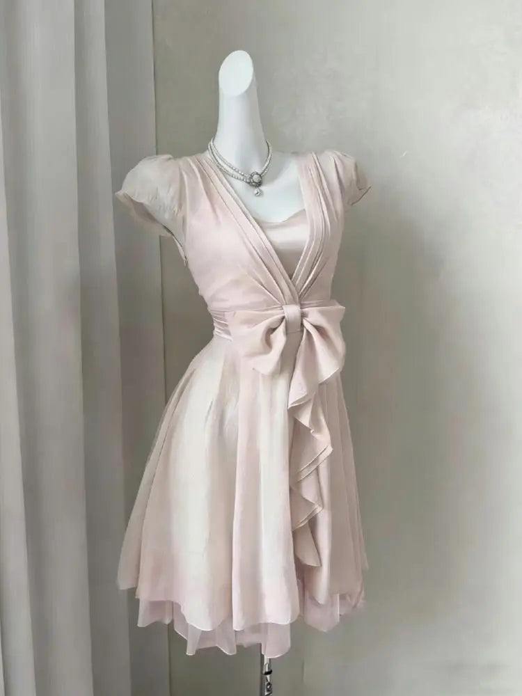 Hnewly  Y2k Aesthetic Fairy Sweet Bow Women Dress Summer Puff Sleeve A-Line Harajuku Dresses Solid Color Grunge Ruffled Vestidos