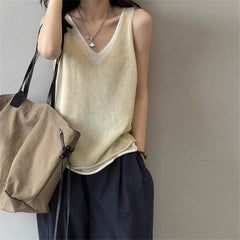 Hnewly  Summer V-neck Shoulder Top Women Clothing Sweater Vest Pullover Fashion New Fake Two-piece Knit Tank Tops for Women Tops