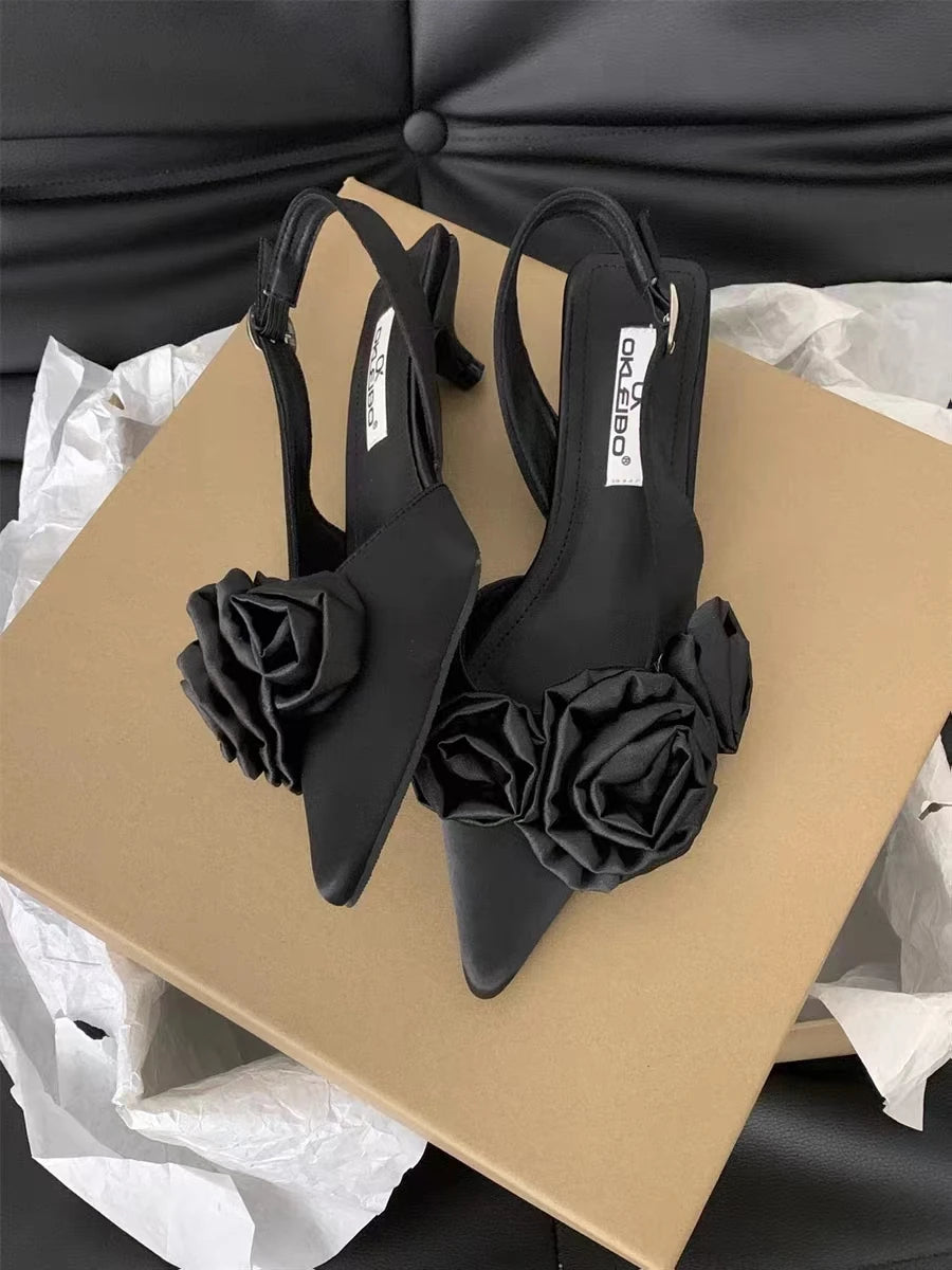 Hnewly New Brand Women Sandal Fashion Flower Ladies Elegant Dress Slingback Shoes Thin Low Heel Dress Mules Pumps