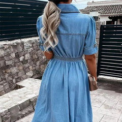 Hnewly  Elegant Loose Women's Blue Dress Button Shirt Short Sleeve High Waist Single Breasted Summer Long Maxi Dresses Vestidos