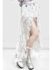 Hnewly  Lace Patchwork White Skirt for Women Irregular Slim Fit Bodycon Split Skirts Summer New Mid-length Faldas Sexy Mujer