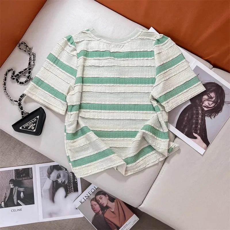 Hnewly  Pink Striped T-shirt Women's Sweet Dopamine  Korean Style Short Top Classic Round Neck Versatile Short Sleeved Tee